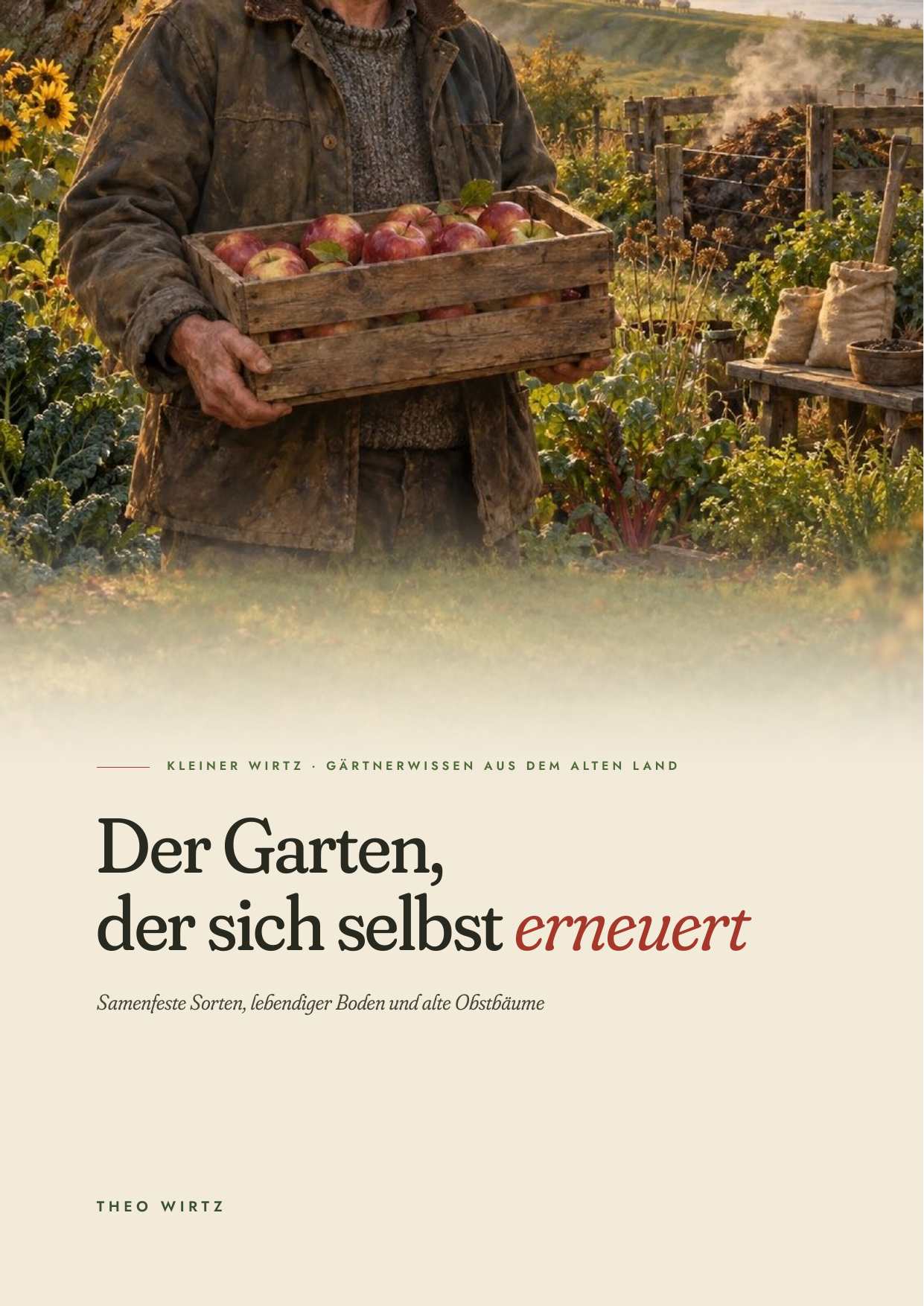 Buchcover: Der Garten, der sich selbst erneuert von Theo Wirtz, mit einer Apfelkiste im Garten.